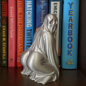 May include: A silver-colored sculpture of a ghost-like figure with a draped form, posed in a kneeling position. The sculpture has a smooth, metallic finish and is positioned in front of a bookshelf with various book titles visible.