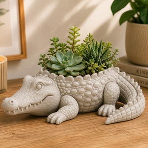 May include: A light gray ceramic planter shaped like a crocodile with a textured, scaly surface. The hollow back of the crocodile holds a variety of small green succulent plants, including a rosette-shaped echeveria and a spiky haworthia.
