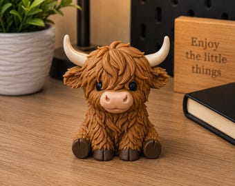 Puede incluir: Una figura de vaca Highland marrón con pelaje texturizado, dos cuernos lisos de color crema y pezuñas marrón oscuro. La figura tiene un hocico marrón claro, ojos negros y está sentada en posición vertical sobre una superficie de madera.