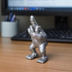May include: A silver-colored figurine of a hand giving the middle finger. The sculpture has a humanoid body with feet and a belly. The figurine is on a wooden desk with a computer and office supplies in the background.
