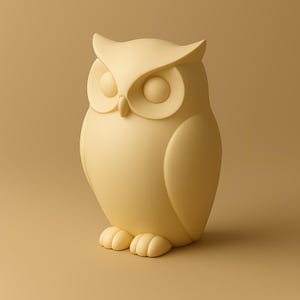May include: A light yellow owl figurine with large, round eyes and a curved beak. The owl has a smooth, matte finish and is perched on a flat surface. The figurine is a decorative item.