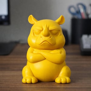 May include: A yellow rhino figurine with crossed arms and a stern expression. The rhino has small ears and is sitting down. The figurine is on a wooden surface. The background is blurred, showing a computer monitor, keyboard, and office supplies.