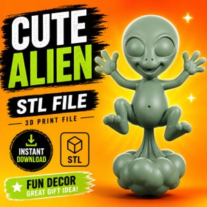 May include: A 3D-printed green alien figure with outstretched arms and legs, atop a cloud-like base. The image includes text that reads "CUTE ALIEN STL FILE - 3D PRINT FILE" and "INSTANT DOWNLOAD". The background is a gradient of orange and yellow.