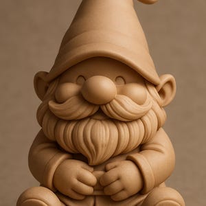 Könnte beinhalten: Eine hellbraune Gartenzwergfigur mit einer langen, spitzen Mütze, einer großen Nase und einem vollen Bart. Der Zwerg sitzt mit verschränkten Händen da, und das Gesamtdesign ist skurril und detailliert.