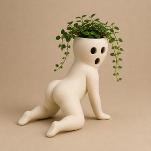 May include: A cream-colored ceramic planter in the shape of a crawling figure with a surprised expression. The head of the figure is a planter filled with green trailing plants. The planter is on a neutral background.