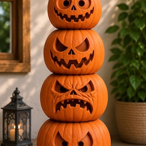 Puede incluir: Una pila vertical de cuatro calabazas naranjas, cada una tallada con una expresión facial amenazante distinta con ojos y bocas dentados. Las calabazas están dispuestas en columna, con la calabaza superior rematada por un pequeño tallo de color verde oscuro.