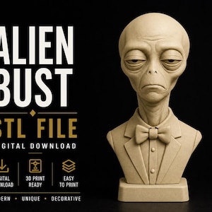 Puede incluir: Busto alienígena beige con esmoquin y pajarita. La imagen incluye el texto "ALIEN BUST STL FILE DIGITAL DOWNLOAD". El busto es una descarga digital lista para imprimir en 3D, moderna, única y decorativa.