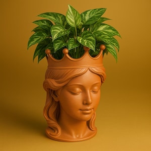 May include: A terracotta-colored planter shaped like a woman's head wearing a crown, with closed eyes and flowing hair. The planter is filled with green and white variegated leaves, creating a unique decorative piece for plants.