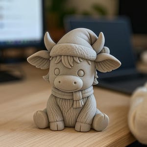 Puede incluir: Figura gris claro de una vaca de dibujos animados con gorro y bufanda de invierno. La vaca est&aacute; sentada con los brazos a los lados. La figura tiene orejas grandes, cuernos y una cara detallada. La vaca est&aacute; sobre una superficie de madera.