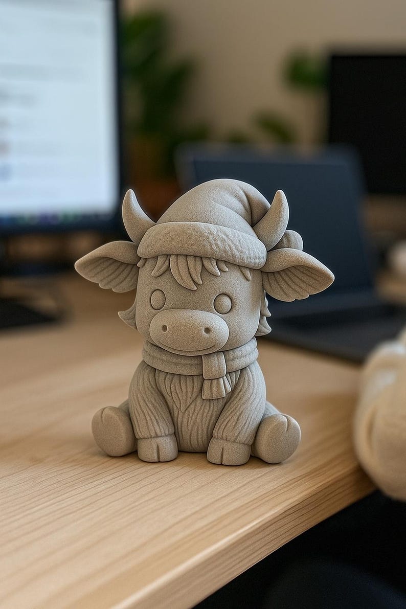 Puede incluir: Figura gris claro de una vaca de dibujos animados con gorro y bufanda de invierno. La vaca est&aacute; sentada con los brazos a los lados. La figura tiene orejas grandes, cuernos y una cara detallada. La vaca est&aacute; sobre una superficie de madera.