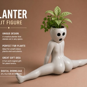 May include: A white ceramic planter in the shape of a split figure, with a head-shaped pot holding green plants. The planter has a surprised expression. Text on the image reads "PLANTER SPLIT FIGURE".