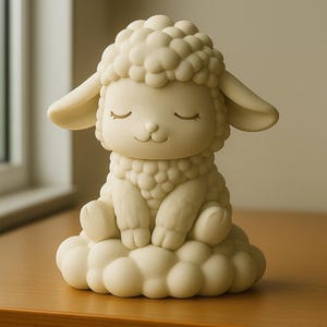 Könnte beinhalten: Cremefarbene Lammfigur mit geschlossenen Augen, die auf einer wolkenförmigen Basis sitzt. Das Lamm hat ein flauschiges, strukturiertes Fell und große, schlaffe Ohren. Die Figur besteht aus einem glatten Material und wird auf einer Holzoberfläche präsentiert.