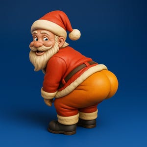 May include: A 3D rendering of Santa Claus bending over, revealing his orange pants. He wears a red suit with white trim, a matching hat, and black boots. His face is jovial with a white beard and mustache, set against a blue background.