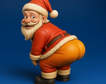 Puede incluir: Una representación 3D de Papá Noel agachado, mostrando sus pantalones naranjas. Viste un traje rojo con ribetes blancos, un gorro a juego y botas negras. Su rostro es jovial con barba y bigote blancos, sobre un fondo azul.