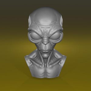 May include: A gray alien bust with large, oval eyes, a slender nose, and a defined jawline. The sculpture has a smooth texture and is set against a gradient background, suggesting a futuristic or sci-fi theme.