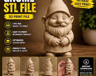 Può includere: Una statuina di gnomo beige con un viso sorridente, una lunga barba e un cappello a punta. L'immagine include il testo "GNOME STL FILE 3D PRINT FILE" e "CUTE DETAILS! EASY PRINT!". Vengono mostrate viste e dettagli aggiuntivi.