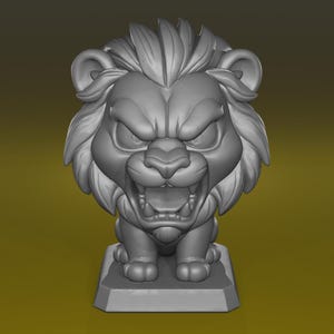 May include: A gray, cartoon-style lion statue with an open mouth, showing teeth. The lion has a detailed mane and is sitting on a rectangular base. The statue is a 3D model, likely for home decor or a collectible.