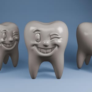 Puede incluir: Tres figuras de dientes de color gris claro dispuestas en fila. Los dos dientes exteriores están inclinados, mientras que el central mira hacia adelante. Cada diente presenta una cara sonriente esculpida con un ojo guiñando y dientes.