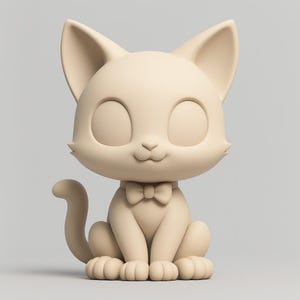 May include: A beige cat figurine with a bow tie, sitting upright with a smiling expression. The cat has large, open eyes and a curved tail. The figurine is a solid color and has a smooth finish.