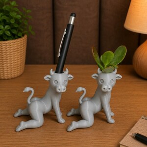 May include: Two gray cow-shaped desk organizers. One holds a black stylus, the other a small green plant. The cow figures are kneeling, with their tails curled up. The organizers are on a wooden surface.