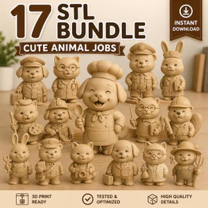 May include: A set of 17 beige 3D-printed animal figurines, including a chef dog, a police bear, and a doctor cat. The figurines are part of a "17 STL BUNDLE" with the theme "CUTE ANIMAL JOBS". The image also includes the text "INSTANT DOWNLOAD".