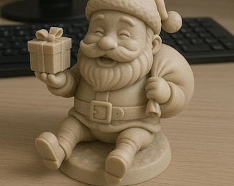 Puede incluir: Figura beige de Papá Noel, sentado y sonriendo, sosteniendo una pequeña caja de regalo. La figura lleva un gorro, un cinturón y tiene una barba completa. La figura está sobre una base redonda, con un monitor de ordenador y un teclado en el fondo.