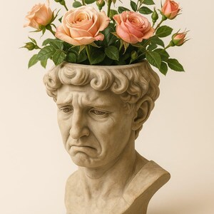 May include: A beige stone-coloured bust planter shaped like a human head with a sad facial expression. The top of the head is open and filled with a bouquet of light peach-coloured roses and green leaves, creating a contrast between the sculpture.