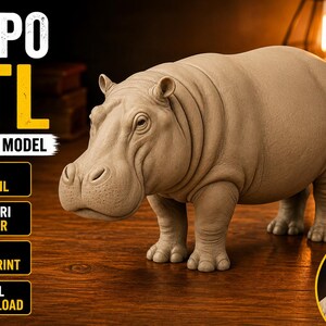 Könnte beinhalten: Eine hellbraune Nilpferdfigur, ein 3D-Druckmodell, steht auf einer Holzoberfläche. Das Bild enthält Text, der lautet: "HIPPO STL 3D PRINT MODEL", "HIGH DETAIL", "SAFARI DECOR", "EASY TO PRINT" und "DIGITAL DOWNLOAD".
