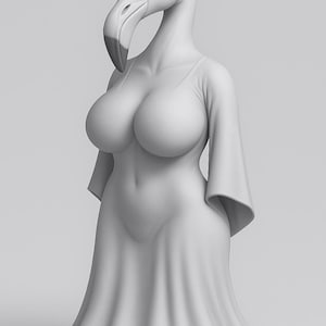 Pode incluir: Uma estatueta monocromática cinza-claro apresentando uma ave antropomórfica estilizada com cabeça e bico de dodô, vestindo um vestido simples e solto com mangas largas que cai até os pés, visíveis na base da estatueta.
