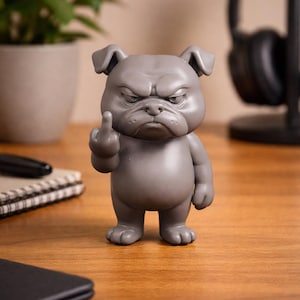May include: A gray bulldog figurine with an angry expression, giving the middle finger. The figurine is standing on a wooden surface. The bulldog has a grumpy face and is a unique decorative item.