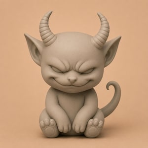 May include: A matte beige figurine of a small creature with pointed ears, two curved horns on its head, and a long, thin, curled tail. The creature has a wide, mischievous grin with its eyes closed and paws resting on its lap.