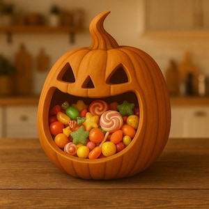 May include: A carved orange pumpkin-shaped candy bowl with triangular eye cutouts and a wide, smiling mouth. The bowl is filled with a variety of colorful candies, including lollipops, star-shaped gummies, and hard candies, perfect for Halloween.