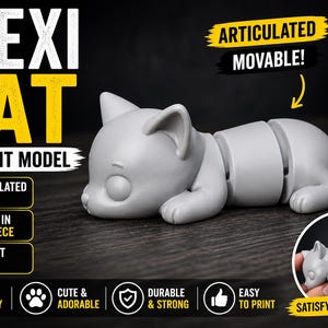 May include: A gray, articulated 3D-printed cat model. The cat is segmented, allowing for flexible movement. The image includes text that says "FLEXI CAT 3D PRINT MODEL" and "ARTICULATED MOVABLE!"