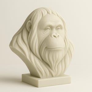 May include: A cream-colored bust of an orangutan. The sculpture features detailed facial features, including wrinkles and a beard-like area. The orangutan's head and shoulders are sculpted with flowing lines, and it sits on a rectangular base.