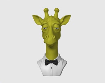 May include: A whimsical sculpture of a giraffe head with a slightly bored expression. The giraffe is a shade of green and wears a white shirt with a black bow tie, giving it a formal appearance.