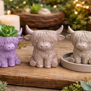 May include: Three Highland cow figurines. One is purple and holds a succulent plant. The other two are beige, one is a ring holder with rings, and the other is a standalone figurine. All are on a wooden surface.