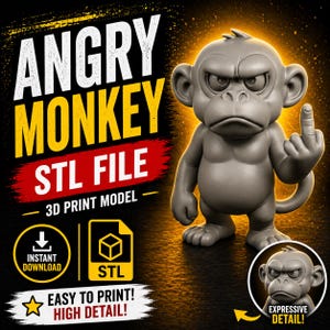 Könnte beinhalten: Digitales 3D-Druckmodell eines wütenden Affen. Die graue Affenfigur zeigt den Mittelfinger. Der Text auf dem Bild lautet "ANGRY MONKEY STL FILE - 3D PRINT MODEL" und "EASY TO PRINT! HIGH DETAIL!"