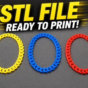 Puede incluir: Tres cadenas ovaladas amarillas, azules y rojas. El texto "STL FILE READY TO PRINT!" se muestra en amarillo y blanco sobre las cadenas sobre un fondo gris oscuro.