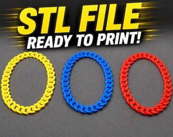 Puede incluir: Tres cadenas ovaladas amarillas, azules y rojas. El texto "STL FILE READY TO PRINT!" se muestra en amarillo y blanco sobre las cadenas sobre un fondo gris oscuro.
