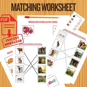 Könnte beinhalten: Ein Arbeitsblatt zum Zuordnen mit dem Titel "MATCHING WORKSHEET". Es zeigt Bilder von Früchten und Tieren. Ein rotes "PDF"-Symbol und ein Stempel "SOFORT-DOWNLOAD" sind ebenfalls zu sehen. Der Text "Match the Fruits to Its Taste" und "Match the Animals to Its Home" sind ebenfalls sichtbar.