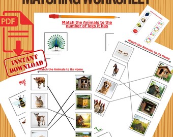 Hoja de trabajo para niños: Contar patas de animales | Une los animales con el número de patas | Actividad matemática preescolar | Material imprimible para el aprendizaje de los más pequeños