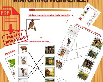 Hoja de trabajo: Une los animales con sus parecidos | Actividad de emparejamiento para preescolar | Juego de reconocimiento de animales | Material imprimible Montessori para niños