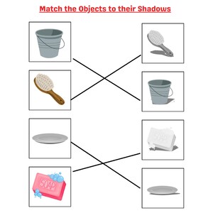 Könnte beinhalten: Lehrblatt mit dem Titel "Ordne die Objekte ihren Schatten zu". Das Arbeitsblatt enthält Illustrationen eines Eimers, einer Bürste, eines Tellers und Seife sowie deren entsprechende Schatten. Der Text ist rot.