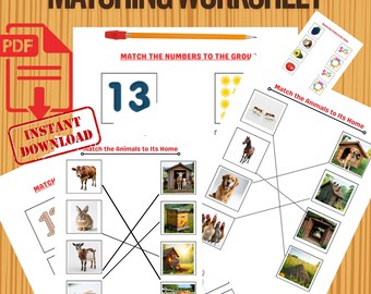 Hoja de trabajo imprimible para relacionar números | Contar y relacionar números | Actividad matemática preescolar | Hoja de trabajo para el aprendizaje temprano de los números