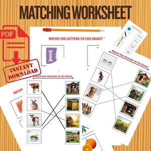Könnte beinhalten: Lehrreiche Arbeitsblätter mit dem Titel "Matching Worksheet" mit Zuordnungsübungen für Buchstaben und Objekte sowie Tiere und ihre Häuser. Enthält ein PDF-Symbol und die Worte "Sofort-Download".