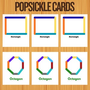 Könnte beinhalten: Lernkarten mit Formen aus Eisstielen. Die Karten zeigen Rechtecke und Achtecke in verschiedenen Farben, mit den Formnamen darunter gedruckt. Der Hintergrund hat eine Holzstruktur, und der Text "POPSICLE CARDS" steht oben.