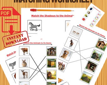 Juego de emparejar sombras de animales | Actividad imprimible para preescolar | Hoja de trabajo para el aprendizaje temprano | Juego de discriminación visual para niños