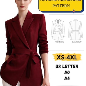 Puede incluir: Una blazer asimétrica burdeos con cierre cruzado y cinturón a juego. La imagen incluye un diagrama de las vistas delantera y trasera de la blazer, junto con texto que indica las tallas XS-4XL y el formato PDF imprimible.
