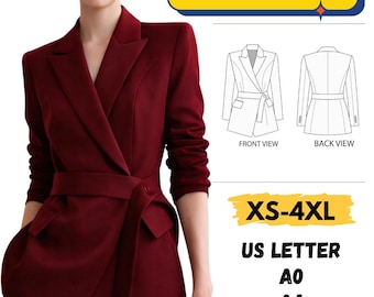 Naaipatroon blazer met ceintuur, asymmetrisch bijgesneden jasje naaipatroon, blazerpatroon dames, instant download