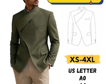 Double Breasted Jacket Pattern, Stand Collar Blazet Pattern, Asymmetric blazer men pdf